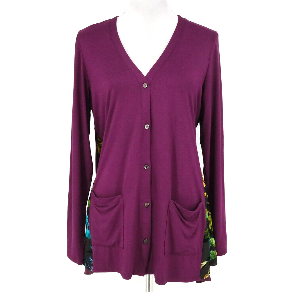 Lori Goldstein Logo Sweater Womens Medium Cardigan Plum Velour Sides Pockets